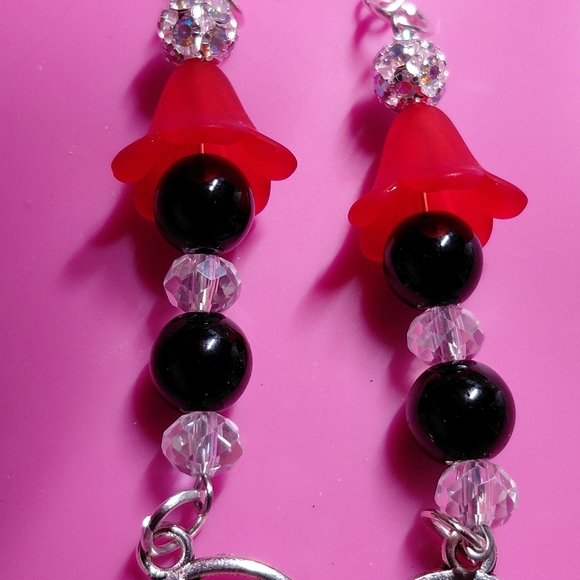 Gothic Witchy Red and Black Dangle Earrings With Pentagram Charm 925 Hypoallerge - Picture 4 of 6